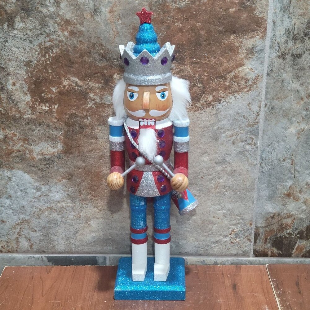 Wooden Drummer Soldier Nutcracker Figurine 14 In Tall Red White Blue Uniform Gli